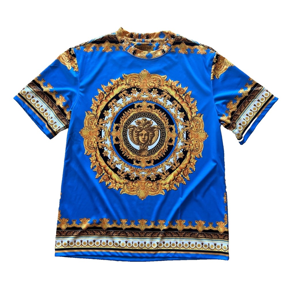 Prestige Original Mens XL Blue Gold Baroque Medusa Graphic T-Shirt Ornate Luxury